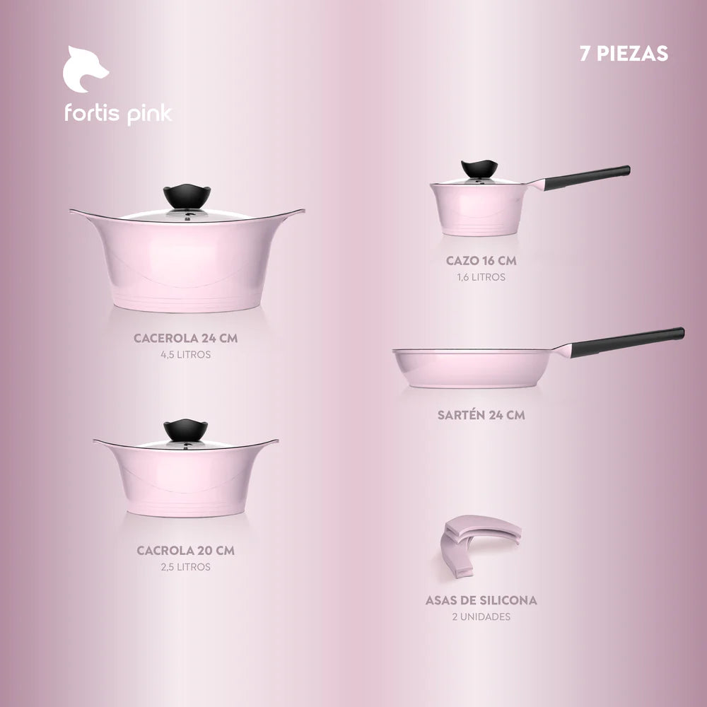 Batería Cocina Aluminio Fundido 7 piezas Fortis Pink