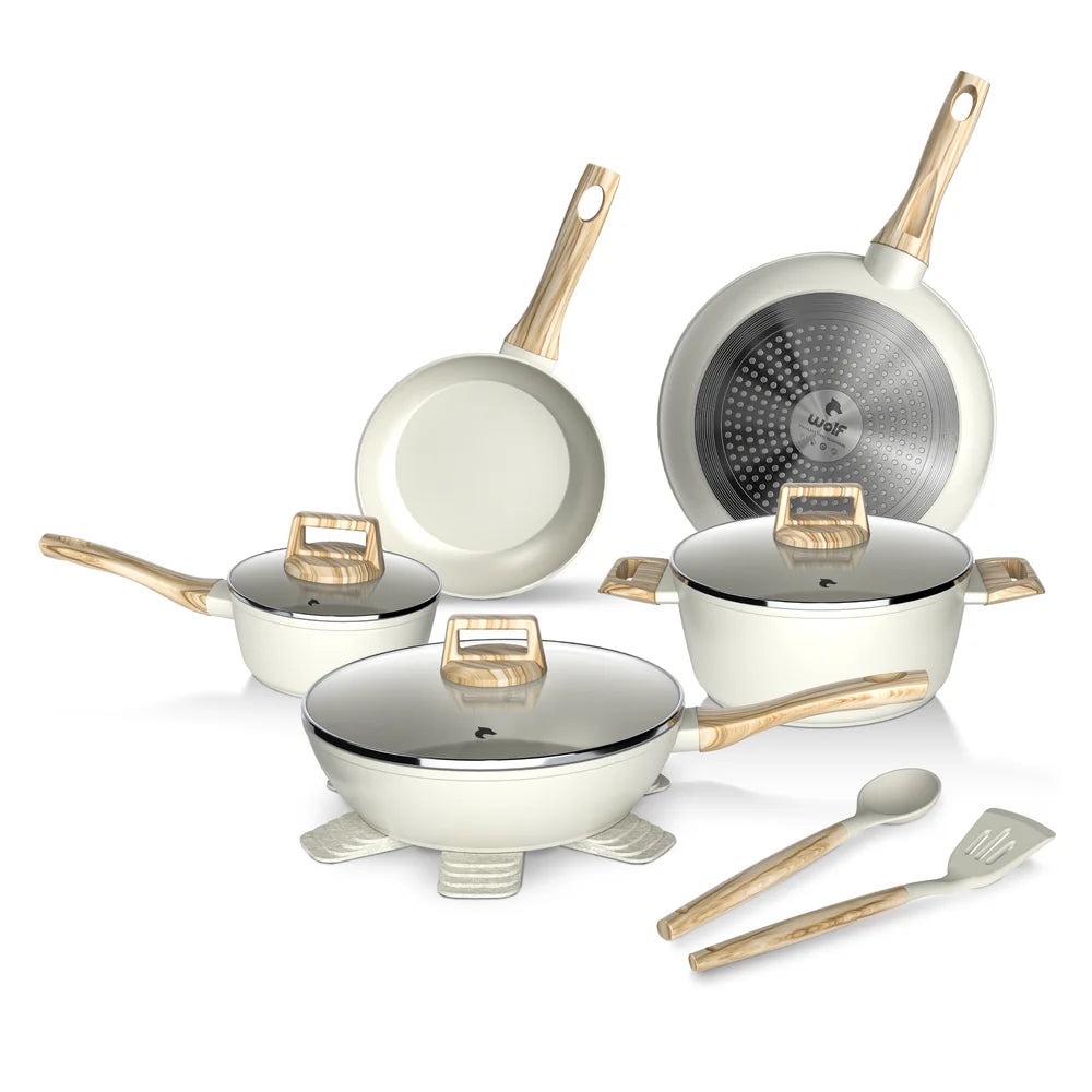 Batería Cocina 14Pzs Aluminio Forjado Antiadherente Wolf Flow Beige