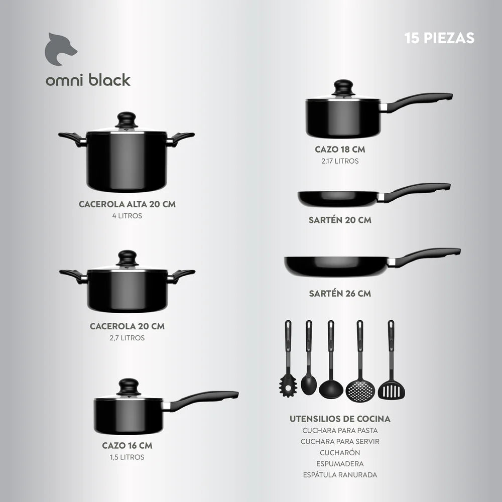 Batería 15 Piezas Omni Black Aluminio Antiadherente