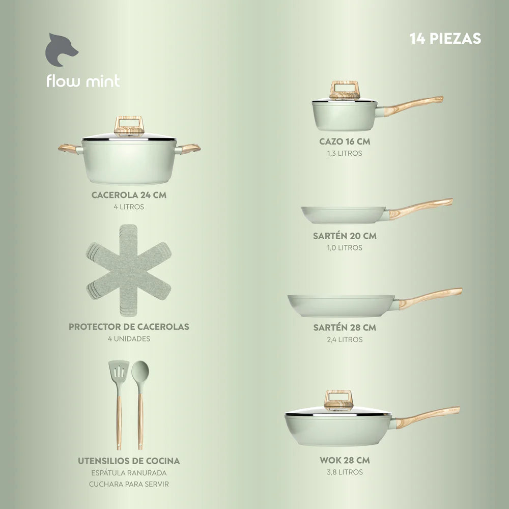 Batería Cocina 14Pzs Aluminio Forjado Antiadherente Flow Verde