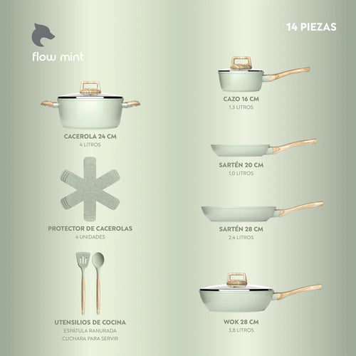 Batería Cocina 14Pzs Aluminio Forjado Antiadherente Flow Verde