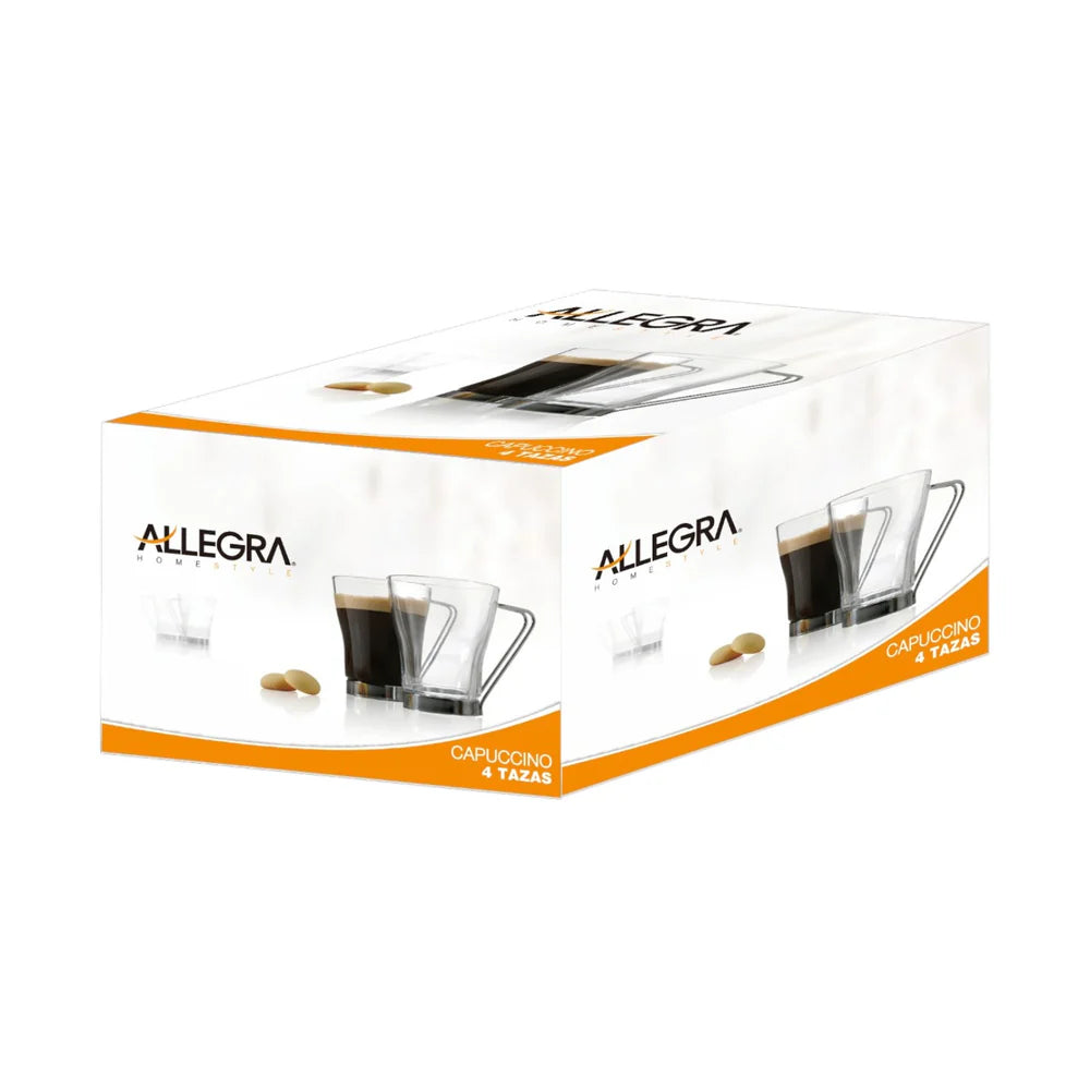 Set de 4 Tazas Cappuccino 200ml Vidrio Asa Metálica Allegra